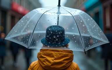 A view from under a clear umbrella covered in large, colorful raindrops, looking up at a person wearing a hat and raincoat against a blurred background. High quality