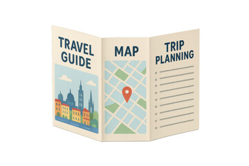 Travel guide brochure displaying map, city illustration, and trip planning sections. Transparent background