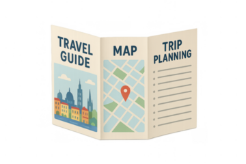 Travel guide brochure displaying map, city illustration, and trip planning sections. Transparent background