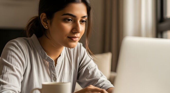 A focused young Indian woman working on her laptop at home. - Powered by Adobe