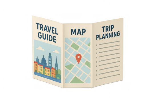 Travel guide brochure displaying map, city illustration, and trip planning sections. Transparent background