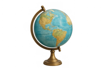 Vintage world globe showing americas, representing global travel, education, and geography on transparent background