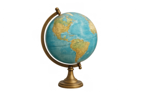 Vintage world globe showing americas, representing global travel, education, and geography on transparent background