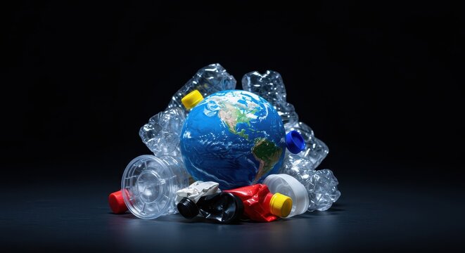 Discarded plastic containers and non-recyclable debris enveloping a miniature earth model, urging global sustainability efforts and responsible waste management, earth, model, litter
