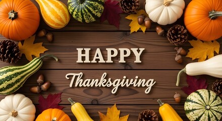 Happy Thanksgiving display with gourds and leaves isolated PNG with Transparent Background