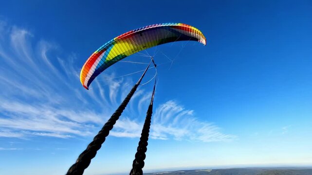 Medium shot of a large kite soaring at great height harnessing powerful wind energy with a tether system against a clear sky backdrop.
