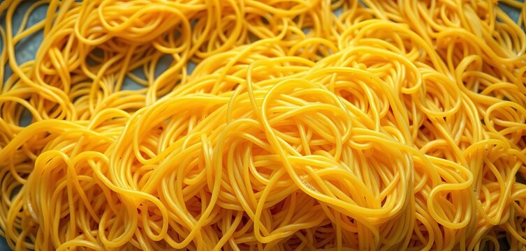 A tangled mass of cooked spaghetti, golden yellow, filling the frame,  delicious,  ingredient