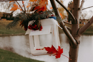 DIY bird feeder made from recycled plastic bottle decorated with autumn leaves. Eco-friendly concept, creative reuse idea of a bird feeder. Lake view.