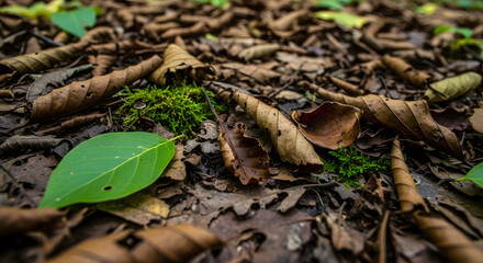 Close up of a vibrant green leaf on the forest floor.