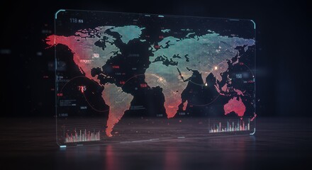 Digital holographic world map displays complex data visualization on a transparent surface