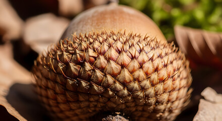 Close up of a single acorn with detailed cap texture.