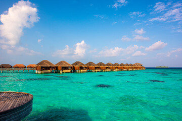 Tropical island beach landscape exotic shore coast. Tranquil closeup calm sea water waves with palm trees. Beautiful Panorama. Summer vacation, holiday amazing nature. Relax paradise, Maldives.