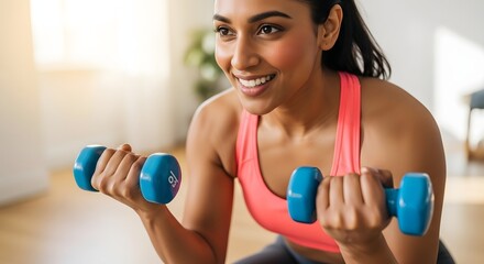Smiling young Indian woman in a pink sports bra lifting blue dumbbells during an indoor workout session, focusing on fitness and strength training.