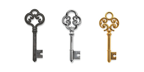 Fototapeta premium Three Symbolic Keys in Iron Silver and Gold Representing Life Stages on White Background