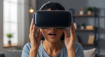 Young woman with surprised expression experiencing virtual reality with a VR headset in a home setting.