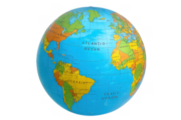 Geographic world globe with various continents and oceans providing learning, travel, and environmental concepts. Transparent background