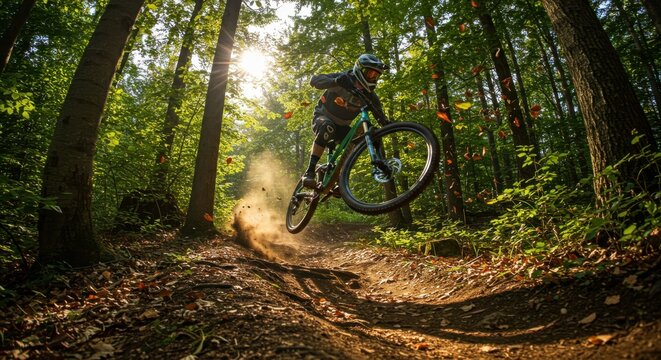 Extreme mountain biker catches air while launching off a dirt mound on a sunlit forest trail