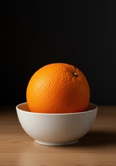 A vibrant, ripe orange resting securely in a minimalist white ceramic bowl, highlighting healthy citrus ingredients on a natural wooden background, vitamin, table, raw