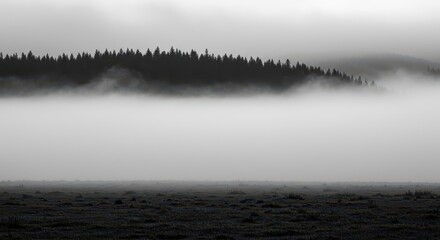 Fototapeta premium Dense atmospheric fog obscuring the landscape in a stark, high-contrast monochrome photograph, minimal, mysterious, black and white