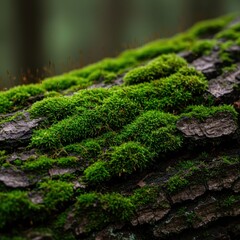 Fototapeta premium Detailed close-up view of vibrant green moss growing densely on rough tree bark in a humid forest environment showing small biological life, closeup, life, survival