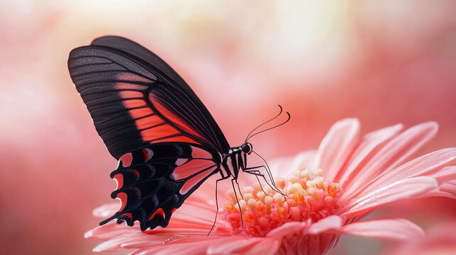 A delicate butterfly perched on a vibrant flower petal, sunlight highlighting its wings, capturing nature’s beauty in a serene, close-up scene.
