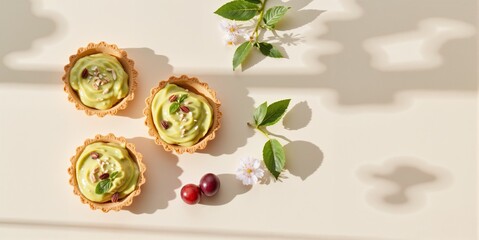 mini tartlets with avocado cream and nuts on light background with natural shadows elegant vegetarian appetizer concept for buffet catering and healthy food branding