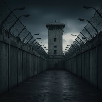 Gloomy concrete prison yard scene featuring tall security walls and an imposing guard tower dominating the background, suggesting maximum confinement ,jail, wall, isolation
