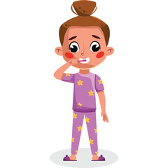 Young Girl With Brown Hair In A Purple Star Pattern Pajama Set Brushing Teeth With Toothbrush In A White Background