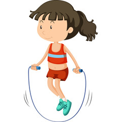 Young girl with brown hair in a ponytail jumping rope wearing a red tank top with blue stripes and orange shorts with blue sneakers on a white background with a transparent background element
