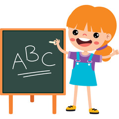 Young Girl Wearing Blue Overalls and Purple Shirt Writes ABC on Green Chalkboard with Chalk