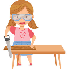 Young Girl Wearing Safety Goggles and Pink Shirt Enthusiastically Uses a Hand Saw on a Wooden Plank at a Workbench With a Transparent Background