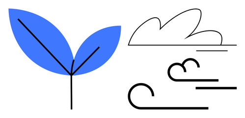 Minimalistic design with blue leaves, stylized cloud, and flowing wind lines. Ideal for sustainability, nature conservation, eco-awareness, renewable energy, fresh air, green growth and climate