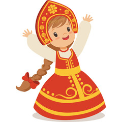 Young girl wearing traditional red and gold dress with intricate patterns and a matching headdress with her arms outstretched in a joyful pose on a transparent background