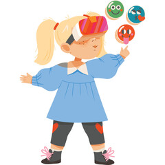 Young Girl Wearing Virtual Reality Headset Interacting With Digital Emoticons In A Playful Manner With Transparent Background