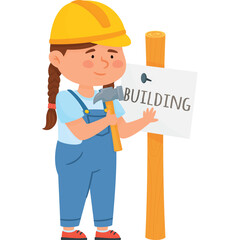 Young Girl Wearing Yellow Hard Hat and Blue Overalls Holding Hammer Next to Wooden Post with Building Sign Illustration