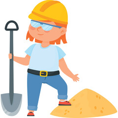 Young Girl Wearing Yellow Hard Hat and Blue Safety Glasses Holding a Shovel Standing on a Pile of Sand in a Construction Setting