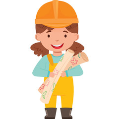 Young Girl Wearing Yellow Overalls and Orange Hard Hat Holding Construction Blueprints with Floral Design Isolated on Transparent Background Ready to Build