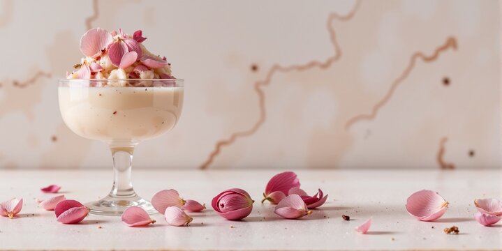 elegant dessert with rose petals in glass bowl on marble background romantic food styling concept for restaurant menu pastry branding and lifestyle design - Powered by Adobe