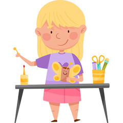 Young Girl With Blonde Hair And Pink Skirt Creating A Butterfly Craft Holding A Stick And A Yellow Butterfly At A Table With Art Supplies Like Scissors And Colored Pencils In A Well Lit Environment