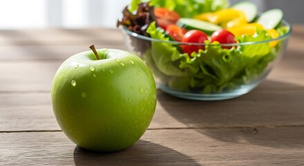 Healthy Lifestyle Concept with Green Apple, Measuring Tape, and Fresh Salad