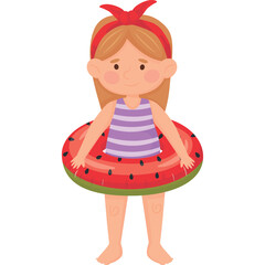 Young Girl With Blonde Hair Wearing A Striped Swimsuit And Watermelon Float Ready For Summer Fun At The Beach On A Transparent Background