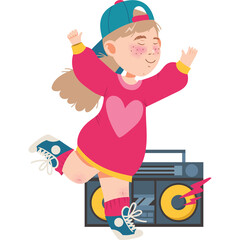 Young girl with blonde hair wearing a pink sweatshirt and blue cap dancing joyfully with a boombox and lightning accents on a white background