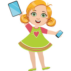 Young Girl with Blonde Pigtails Holding a Tablet and a Smartphone Joyfully in a Bright Green Dress with Pink Accents on a Transparent Background
