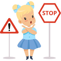 Young Girl With Blonde Pigtails And Blue Bows Wears A Light Blue Collared Shirt And Blue Skirt Making A Stop Gesture Next To A Red Octagonal Stop Sign And 