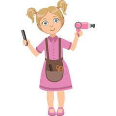 Young girl with blonde pigtails in a pink dress holds a hairdryer and hair straightener ready for styling hair in a playful cartoon illustration with a transparent background