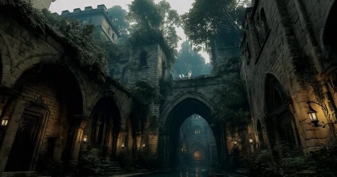Moonlit Medieval Tower Courtyard Flagstones Collapsed Archways Mist