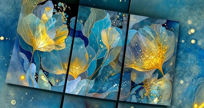 Luminous Abstract Mysteries Iconographic Vignettes Watercolor Blue Gold Triptych