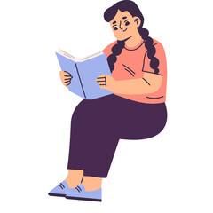 Young Girl With Braids Wearing A Coral T Shirt And Dark Pants Sitting And Reading A Book On A White Background