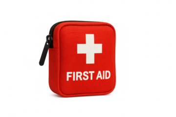 Red first aid kit bag with white cross and text, providing emergency medical care and health safety with transparent background