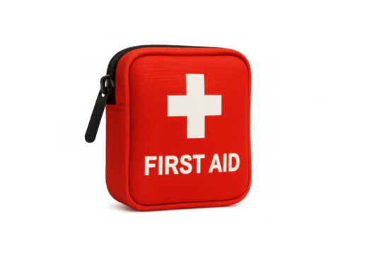 Red first aid kit bag with white cross and text, providing emergency medical care and health safety with transparent background